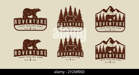 Collection of outdoor logo design. Vintage logo vector with pine, bear and mountain element Stock Vector