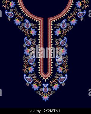 Embroidery v-neck design with floral paisley patterns and vine scroll motifs on a navy background. Stock Vector