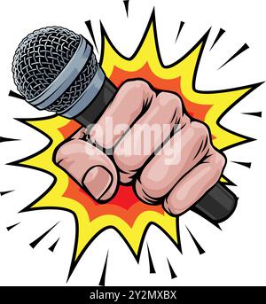 Microphone Fist Hand Explosion Pop Art Cartoon Stock Vector