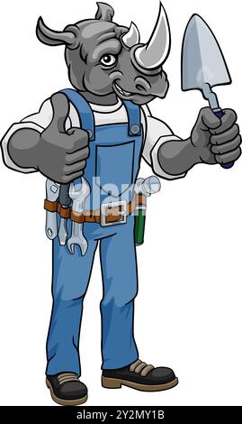 Rhino Bricklayer Builder Holding Trowel Tool Stock Vector