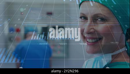 Image of statistics and data processing over caucasian female surgeon Stock Photo