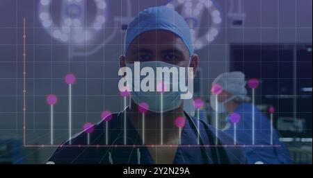 Image of statistics and data processing over caucasian male surgeon Stock Photo
