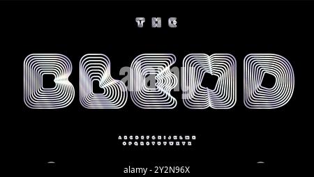 Blend font, distorted letters with blending lines creating 3D letters optical illusion. Round geometric stripes typography for tech identity, branding Stock Vector
