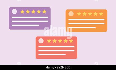 Business cards and customer reviews. Five-star reviews with comments. Different colors of business cards. Flat design vector. Stock Vector