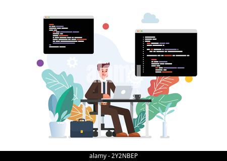 Male programmer writing code on laptop. Vector illustration Stock Vector