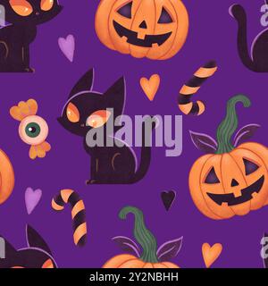 Halloween pumpkins and black cats seamless pattern on purple. Hand drawn scary funny orange pumpkins. Candy, eyeball Stock Photo