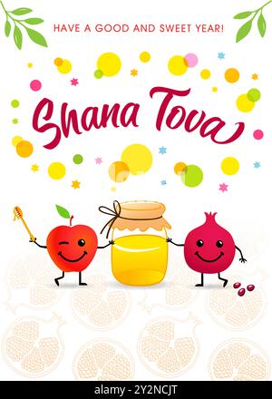 Shana Tova 2024 holiday banner with honey, funny apple and pomegranate emoji icons. Celebrate Rosh Hashanah 2024 with joy and warmth! Creative vector Stock Vector