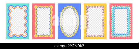 Vector set of rectangle wavy frames with scallop edge. Squiggle photo borders with zig zag edges. Wiggly rectangular groovy shapes, color funky text box frameworks or curvy mirrors with jagged border Stock Vector