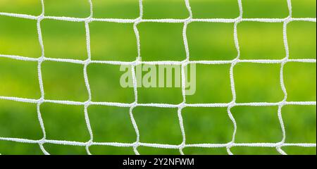 football soccer goal net closeup on green grass background Stock Photo