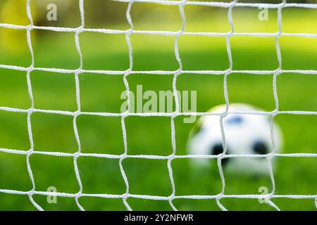 soccer ball on grass field behind goal net Stock Photo