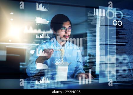 Asian man, data scientist and programming code in typing for innovation or web research. Computer engineering, tech and cybersecurity in blockchain Stock Photo