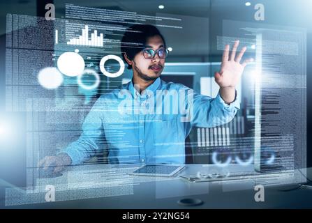 Man, data scientist and programming code in typing for innovation or web research. Computer engineering, technology and market analysis for blockchain Stock Photo