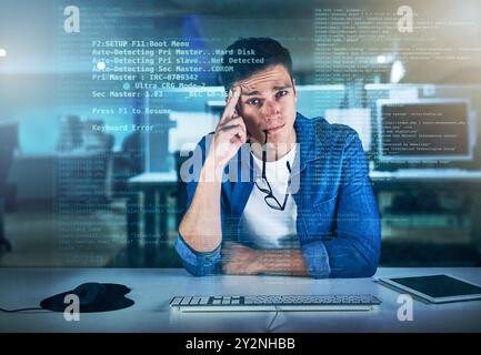 Portrait, programmer and man in office, night and overlay of interface, keyboard and software. Dark, dashboard and coder for agency, information Stock Photo