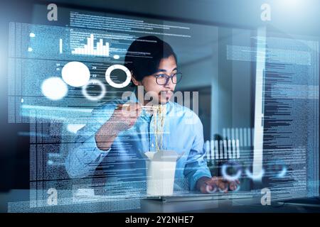 Asian man, computer engineering and programming code in typing for innovation or web research. Data scientist, tech and cybersecurity for blockchain Stock Photo