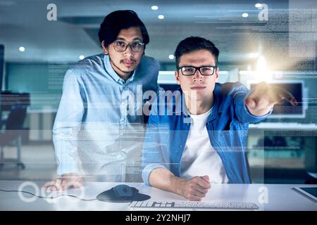 Portrait, men and coding overlay at night for data developing, software programmer and digital interface. People, it and futuristic hub with dashboard Stock Photo