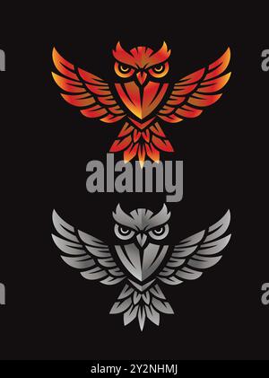 Flying Owl with Open Wings Mascot a symbol of wisdom isolated on black background Stock Vector