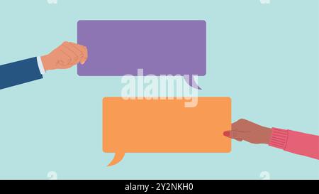 Hands of coworkers holding conversation bubbles. Employees are men and women of different ethnic backgrounds. Flat design vector. Stock Vector