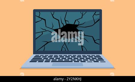 Flat design vector. Laptop with a broken screen. The laptop screen shows a black hole and a cracked screen matrix. Stock Vector