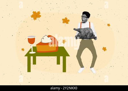 Composite photo collage of shocked american guy hold roasted turkey pumpkin glass pie traditional food festive isolated on painted background Stock Photo