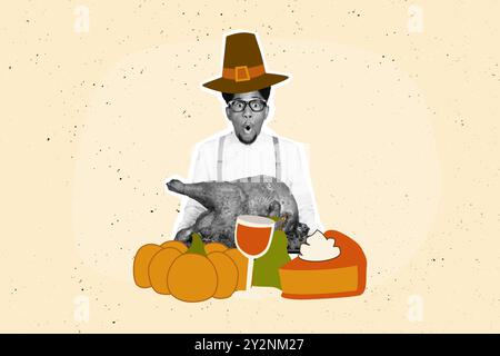 Composite photo collage of shocked american guy hold roasted turkey dish pumpkin pie slice traditional dinner isolated on painted background Stock Photo