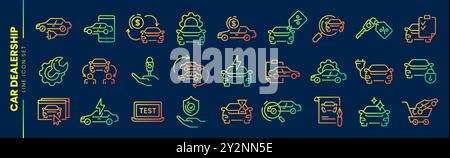 Auto sale dealership line gradient icons. Automotive industry, car dealers, vehicle trade center thin linear set. Rental service, automobile repair shop, purchase agreement or transportation insurance Stock Vector