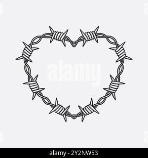 Vector illustration of barbed wire heart isolated on white background. Heart shape frame from twisted barbwire. Security fence sign Stock Vector