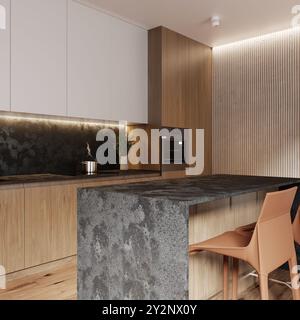 Modern kitchen design with natural stone granite Mystic Grey. Stone top and island with detail of interior faucet and home appliances. Stock Photo