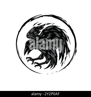flying raven with circle background in black color vector illustration Stock Vector