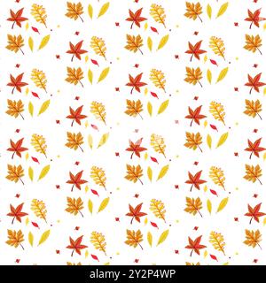 Autumn leaves seamless pattern with different leaves and plants, seasonal colors Stock Vector