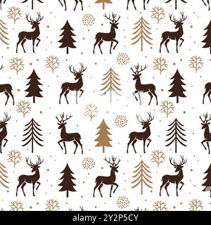 deer and pine tree Vector illustration seamless pattern Stock Vector