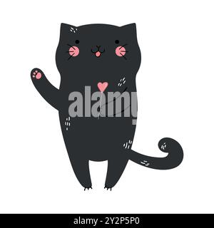 Hand drawn cat holding heart shaped lollipop. Vector illustration Stock Vector
