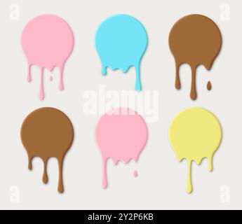 Round icons of flowing drip paint, milk yogurt or chocolate flowing down isolated on light background. Vector illustration. Stock Vector