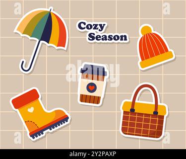 Cozy season. Set of autumn stickers. Vector illustration. Stock Vector