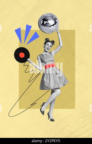 Trend artwork composite sketch photo collage of carefree party celebration holiday listen music young lady dance vinyl record disco ball Stock Photo