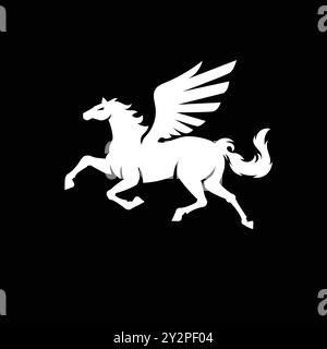 Vector image of a silhouette of a mythical creature of pegasus on a black background. Horse with wings on hind legs. Stock Vector