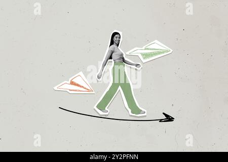 Trend sketch image composite photo collage of arrow show direction silhouette young lady woman walk step paper plane fly levitate Stock Photo