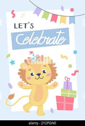 happy birthday card with cute lion vector illustration design Stock ...
