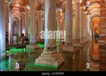 September 11, 2024: Istanbul, Turkey, September 11, 2024: Interior view of the historical Basilica Cistern, one of the most popular touristic structures in Istanbul. The Basilica Cistern Museum, built by Emperor Justinian I, is an iconic underground structure in Istanbul, known as Yerebatan SarayÄ±, Sunken Palace, for its marble columns and Bazilika SarnÄ±cÄ±, Basilica Cistern, for its location on the former Stoa Basilica site. This cistern reflects the city's rich historical legacy. (Credit Image: © Tolga Ildun/ZUMA Press Wire) EDITORIAL USAGE ONLY! Not for Commercial USAGE! Stock Photo