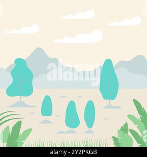 A magical country with trees, plants, mountains and clouds. Fairytale landscape design. Minimalistic flat design style Stock Vector
