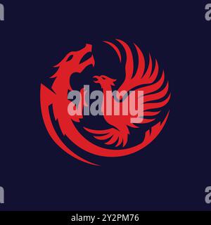 Silhouette of phoenix bird and dragon vector. Symbol of balance Stock Vector