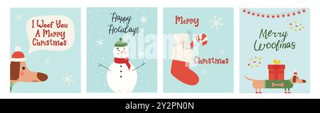 Happy holidays 2024 greeting cards collection. Cute and funny flat Christmas cartoon characters with warm wishes Stock Vector