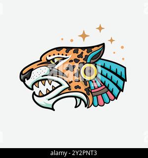 Aztec Jaguar warrior with angry face cartoon. jaguar aztec quetzal art Stock Vector