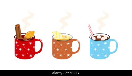 Set of hot winter drinks. Cup of mulled wine, cup of lemon ginger tea and cup of hot chocolate, isolated on a white background. Vector illustartion Stock Vector