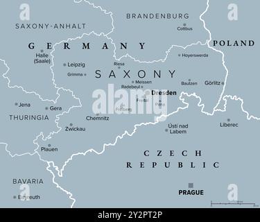 Saxony, a state in Germany, gray political map with capital Dresden, borders, and largest cities. Officially the Free State of Saxony. Stock Photo