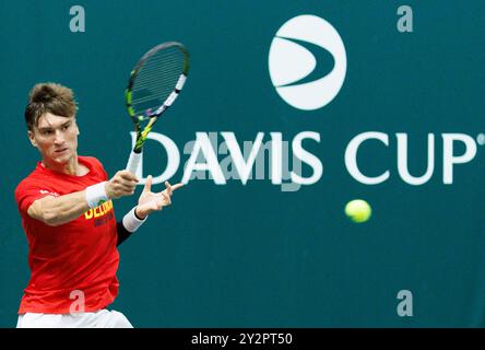 Bologna, Italy. 11th Sep, 2024. Belgian Raphael Collignon pictured during a training session, ahead of the second game in the group A of the Davis Cup Finals group stage, Wednesday 11 September 2024, at the Unipol Arena, in Bologna, Italy. BELGA PHOTO BENOIT DOPPAGNE Credit: Belga News Agency/Alamy Live News Stock Photo