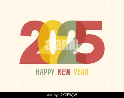 Greeting card with colorful number 2025 and text Happy New Year on a beige background. Flat vector illustration in risograph style Stock Vector