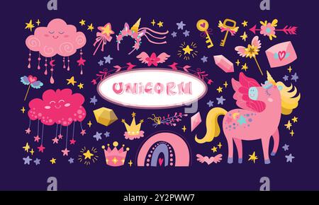 Big vector unicorn princess stickers set. Fairytale patch icon collection with funny fairy unicorn, rainbow, clouds, falling star. Cute flat magic fan Stock Vector