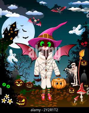 Cartoon scene with a black cat on a walk on Halloween night. Against the background of a black forest and a big moon. Scary pumpkins and vampire bats Stock Vector