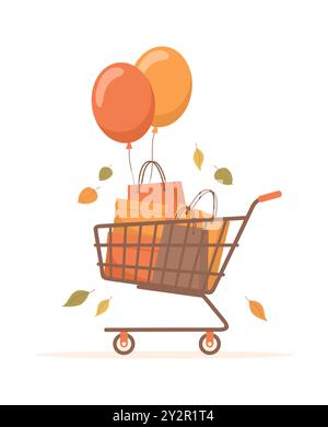 Shopping cart with bags, boxes, balloons and falling autumn leaves around, isolated on a white background. Autumn shopping clip art. Flat vector illus Stock Vector