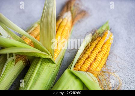 A close-up shot of fresh corn cobs, partially peeled to reveal vibrant yellow kernels, resting on a natural surface The image captures the essence of Stock Photo